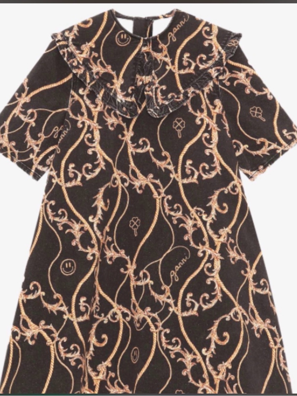 Ganni Black Dress with Gold Scrollwork and Ruffled Collar